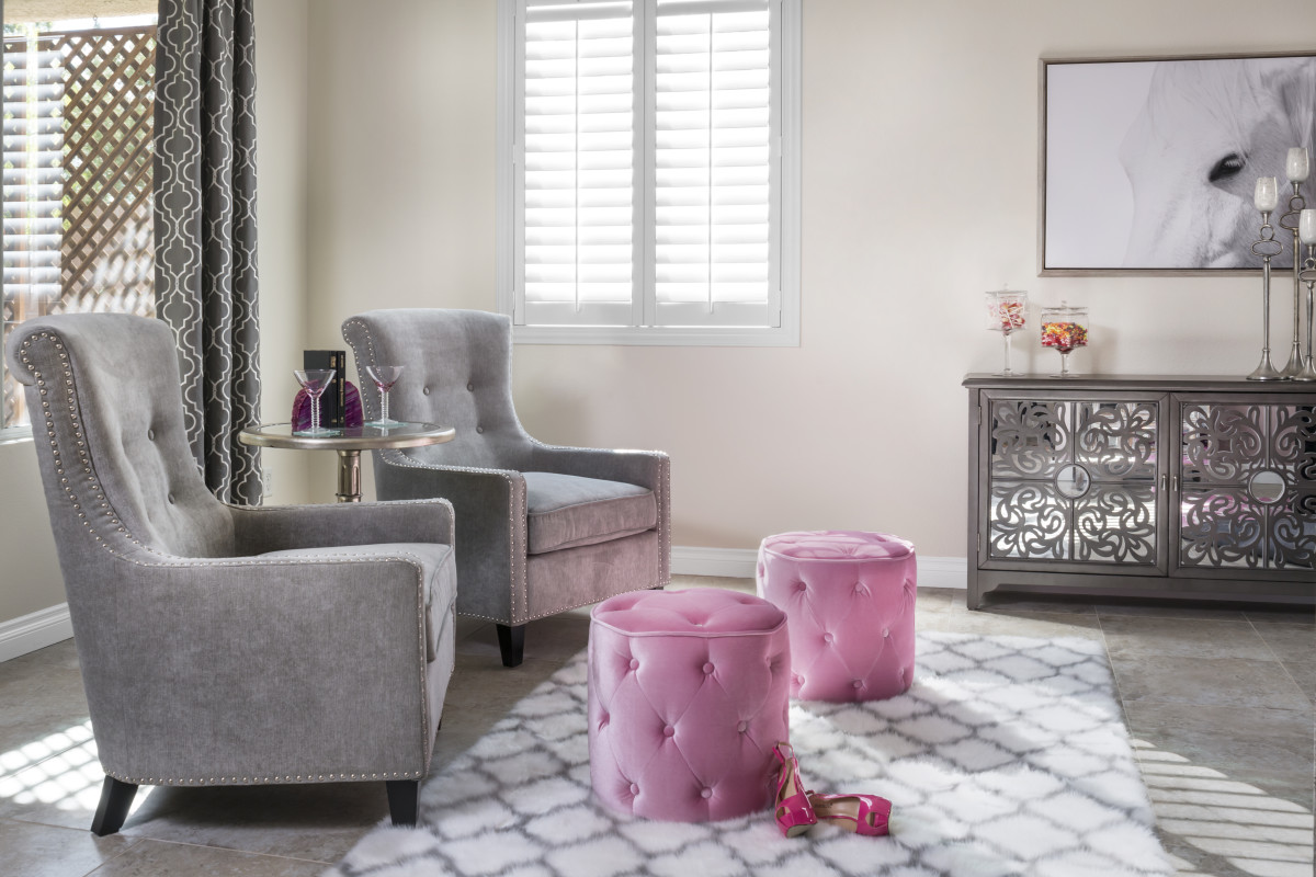 Raleigh pink living room with shutters